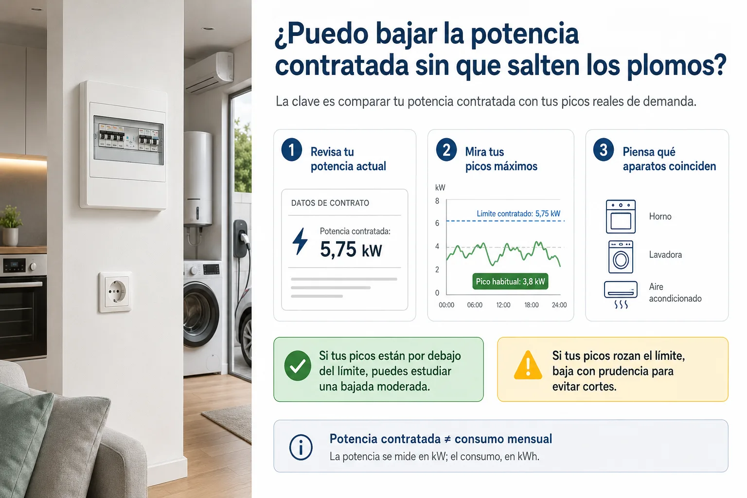 Ilustración de una vivienda comparando potencia contratada, electrodomésticos simultáneos y coste fijo de la factura eléctrica