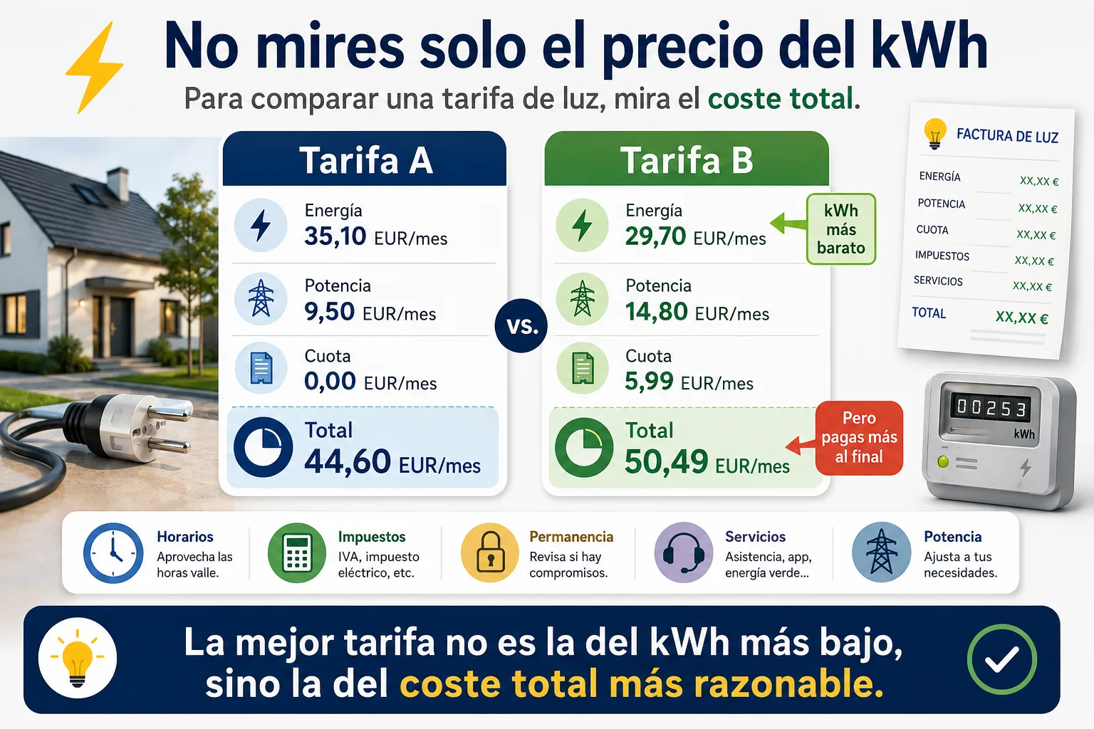 Comparación visual de una factura de luz con precio del kWh, potencia contratada, horarios y cuota mensual