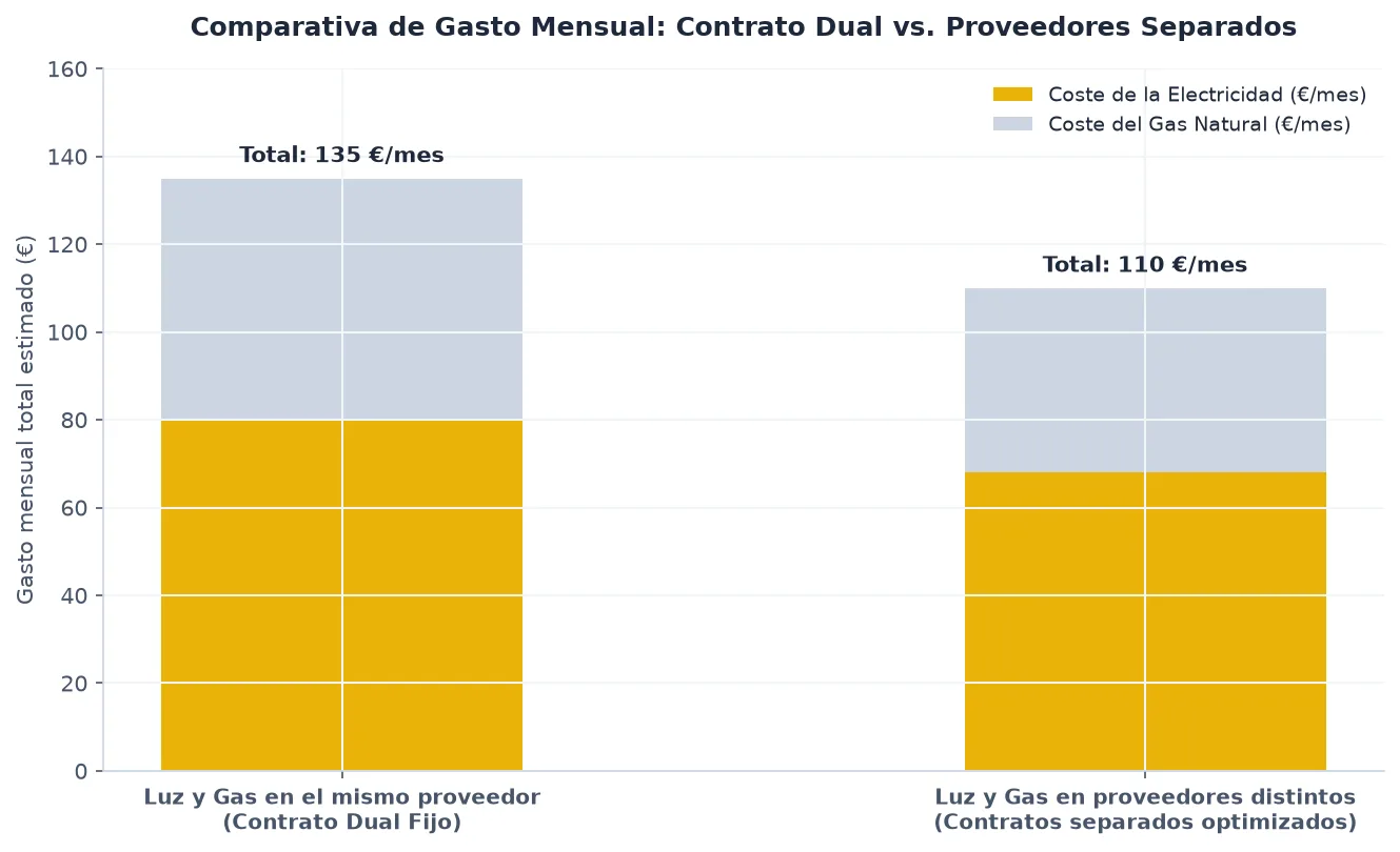 Gráfico comparativo del gasto mensual estimado unificando luz y gas en un contrato dual frente a la contratación separada optimizada.